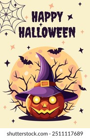 Halloween Party Poster with pampkin in a Witch Hat	