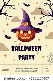 Halloween Party Poster with pampkin in a Witch Hat