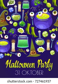 Halloween party poster with pattern. Funny background with scary objects. Vector set with eyes, potion, bones, candy, pumpkin, witches hat in cartoon style.