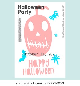 Halloween party poster with playful yellow and brown spider design, featuring Halloween-themed typography, great for event invites and party decor.