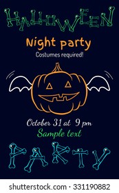 Halloween party poster or postcard or background. Pumpkin with wings