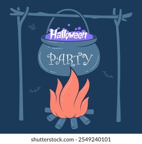 Halloween party poster. Pot of potion on fire. International holiday of fear and horror. Helloween flyer and booklet. Witch cauldron with violet poison. Flat vector illustration