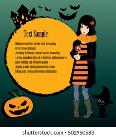 Halloween party poster, pretty girl with cute cat, vector