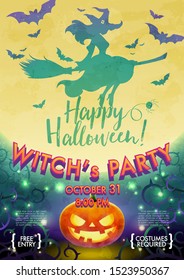 Halloween party poster. The pretty witch flies on a broomstick against a background of the full moon. Halloween greeting concept. Vector illustration.