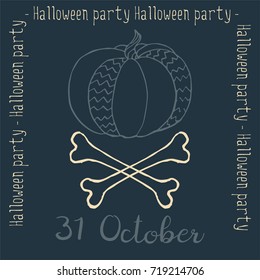 Halloween party poster with pumpkin and bones. Vector autumn vegetables print. 31 october background. Party print, advertisement, banner, cover, flyer.