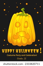 Halloween party poster with pumpkin lantern, vector celebration banner, greeting, invitation with Halloween holiday on a black background.