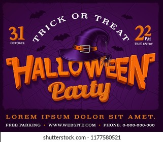 Halloween party poster with pumpkin lettering and hat of witch with spider web on the background. 