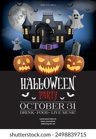 halloween party poster with pumpkin with witch hat, ghosts and haunted house