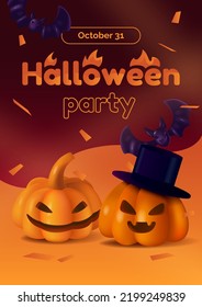 Halloween party poster with pumpkins and bats