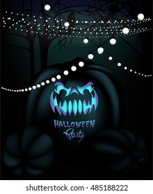 Halloween party poster with pumpkins and garlands of lights
