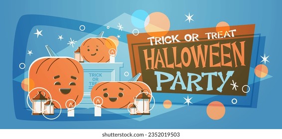 Halloween Party poster. Pumpkins with a grave and candles. Vector illustration