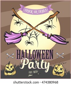 Halloween Party poster with pumpkins and moon with brooms. Vector illustration.