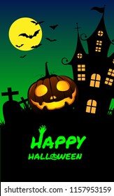 Halloween party poster with pumpkins silhouette grave,herd of bats,house.Full moon. background vector illustration.