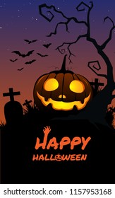 Halloween party poster with pumpkins silhouette grave,herd of bats,tree. background vector illustration.