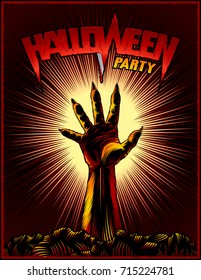 Halloween party poster from raised zombie hand on radiant background for evil spirits holiday. Title lettering Halloween. Vector illustration in ink hand drawing vintage retro style for stamp or print