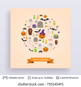 Halloween party poster. Round composition of traditional decorations for october celebration. Vector layered background with text block.