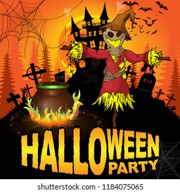 Halloween Party Poster with scarecrow. Vector illustration.