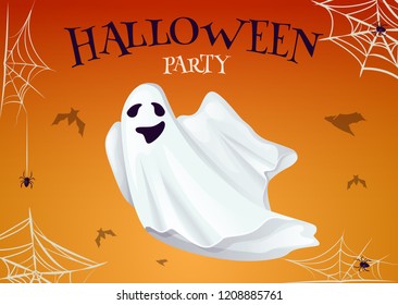 Halloween party poster with scary ghost spooky character vector illustration. Night horror invitation card. Mystery trick or treat phantom dead person spirit. Scary people soul on cob web and spider.