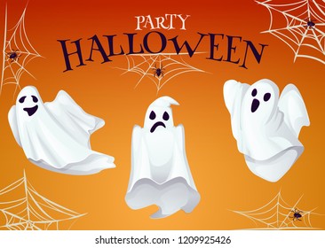 Halloween party poster with scary ghost spooky character vector illustration. Night horror invitation card. Mystery trick or treat phantom dead person spirit. Scary people soul on cob web and spider.