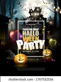 Halloween party poster. Scary old house and cemetery in the woods. Party balloons and pumpkins in the foreground