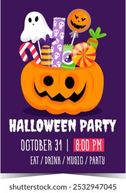 Halloween party poster with scary pumpkin filled with candies and sweets. Ready to print or for web vector banner for invitation to celebrate All Saints' Day with Trick or Treat and Guising customs.