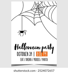 Halloween party poster with scary spider on a web inviting everyone to celebrate the holiday. Vector banner or flyer suitable for trick or treat event with all traditions during All Saints' Eve.