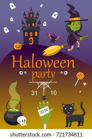 Halloween party poster. Scary witch, black cat and castle. End of october.