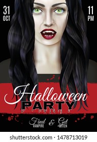 Halloween party poster with scary woman wearing vampire teeth realistic vector illustration
