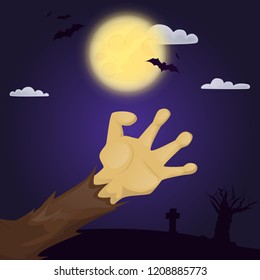 Halloween party poster with scary zombie hand spooky character vector illustration. Night horror invitation card. Mystery trick or treat phantom dead person spirit. Scary people body part.