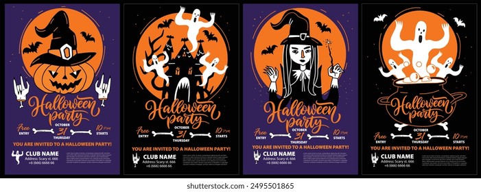 Halloween party poster set. Halloween design template for club party events and invitations card with funny holiday themed characters and calligraphy text layout