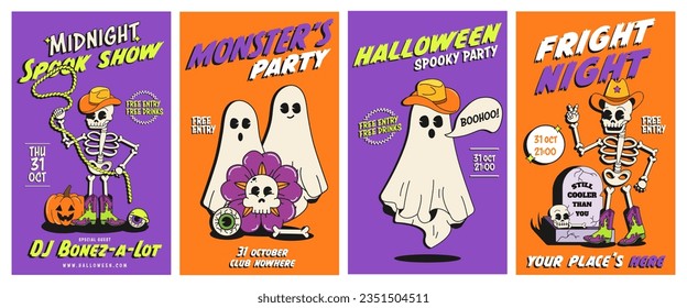 Cartel de la fiesta de Halloween. Personajes divertidos en un estilo retro groovy a la moda . Ilustraciones vectoriales