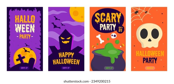 Halloween party poster set. Scary and colorful, cartoon style vector illustrations. Cover design templates for social media stories. Swipe up.