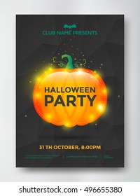 Halloween party poster with shiny pumpkin. Vector illustration