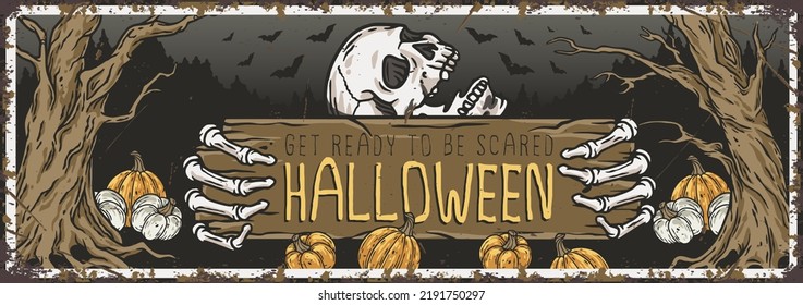 Afiche de la fiesta de Halloween con mano esquelética, cráneos y cementerio. Cartel de miedo del otoño de octubre con calabazas