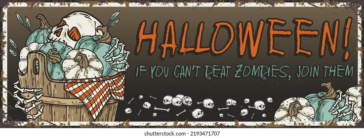 Halloween party poster with skeleton hand, skulls and cemetery. October autumn scary banner with pumpkins