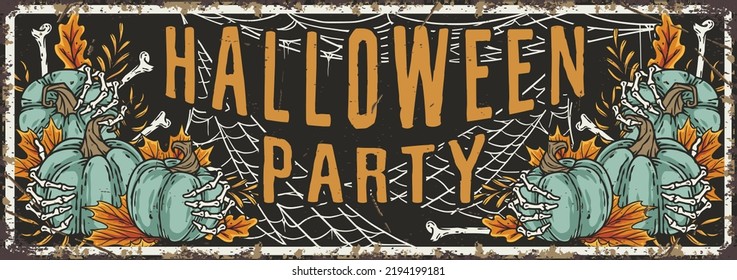 Halloween party poster with skeleton hand, skulls and cemetery. October autumn scary banner with pumpkins