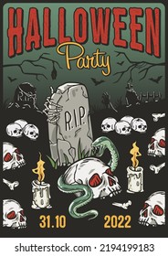Halloween party poster with skeleton hand, eye and cemetery. October autumn scary banner