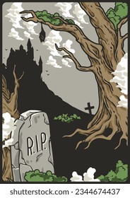 Halloween party poster with skeleton hand, eye and cemetery. October autumn scary banner