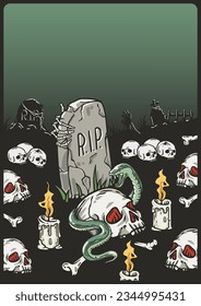 Halloween party poster with skeleton hand, eye and cemetery. October autumn scary banner