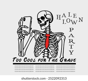 Halloween party poster and a skeleton illustration taking a selfie. Vector work for t-shirts and various prints