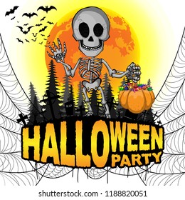 Halloween Party Poster with skeleton on a white isolated background. Vector illustration.