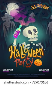 Halloween party poster with skeleton on dark cemetery back.