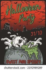 Halloween party poster with skull and cemetery. October autumn scary banner