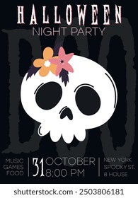 halloween party poster with skull and flowers
