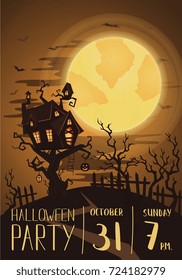Halloween party poster with spooky castle on tree in mystic forest at night under full moon. Cartoon vector illustration. Halloween background, night scene with haunted house, pumpkin and flying bats