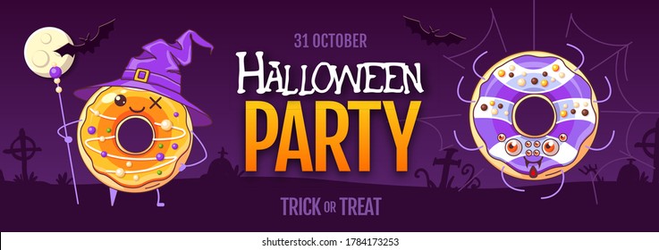 Halloween party poster with sweet kawaii funny donuts. Halloween background. Vector illustration