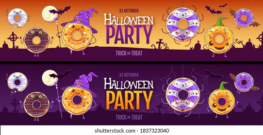 Halloween party poster with sweet kawaii funny donuts. Halloween background. Vector illustration