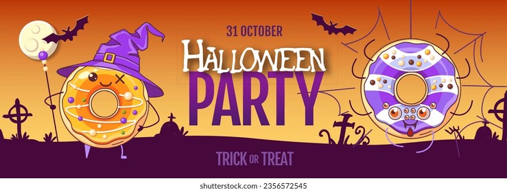 Halloween party poster with sweet kawaii funny donuts. Halloween background. Vector illustration