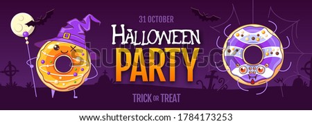 Halloween party poster with sweet kawaii funny donuts. Halloween background. Vector illustration