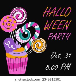 Halloween party poster with sweets and copy space. Striped lollipops, eyeball, candy cane and cupcake. Trick or treat concept. Invitation flyer, banner template. Vector illustration